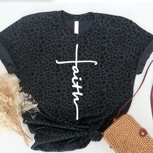 Faith Graphic Black & Gray Leopard Tee - Black with White Script Cross | L